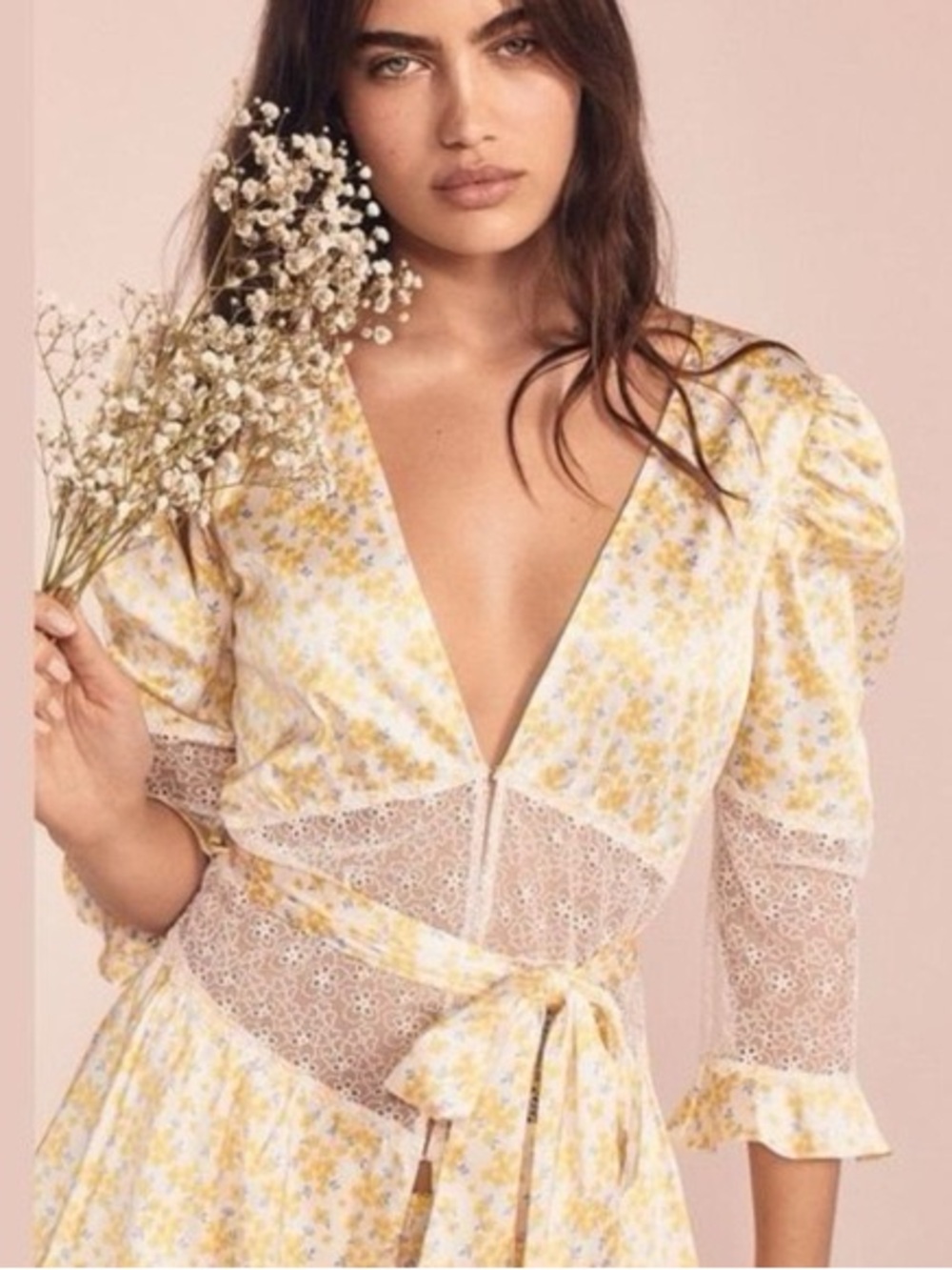 For Love & Lemons Daffodil Yellow Floral Sheer Lace Intimates Robe Mini Dress S